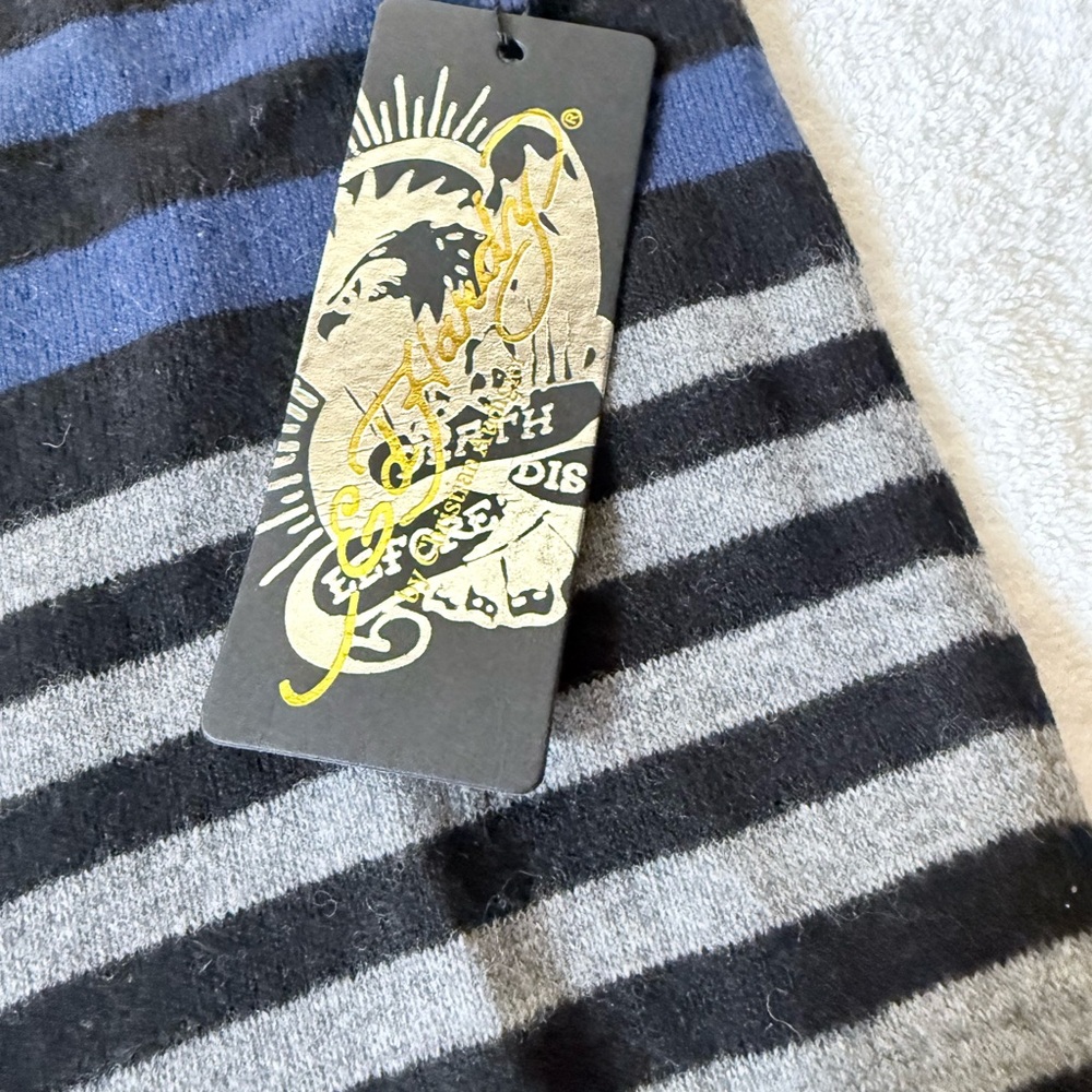 Ed Hardy Black and Blue Striped V-Neck Sweater - Picture 4 of 5